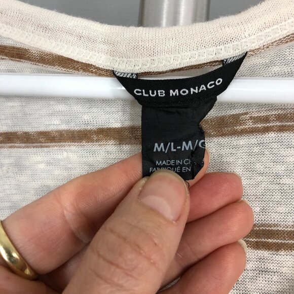 CLUB MONACO 100% Linen‎ Cream Brown Stripe 3/4 Sleeve Oversize Shirt Sz M/L - Picture 11 of 13